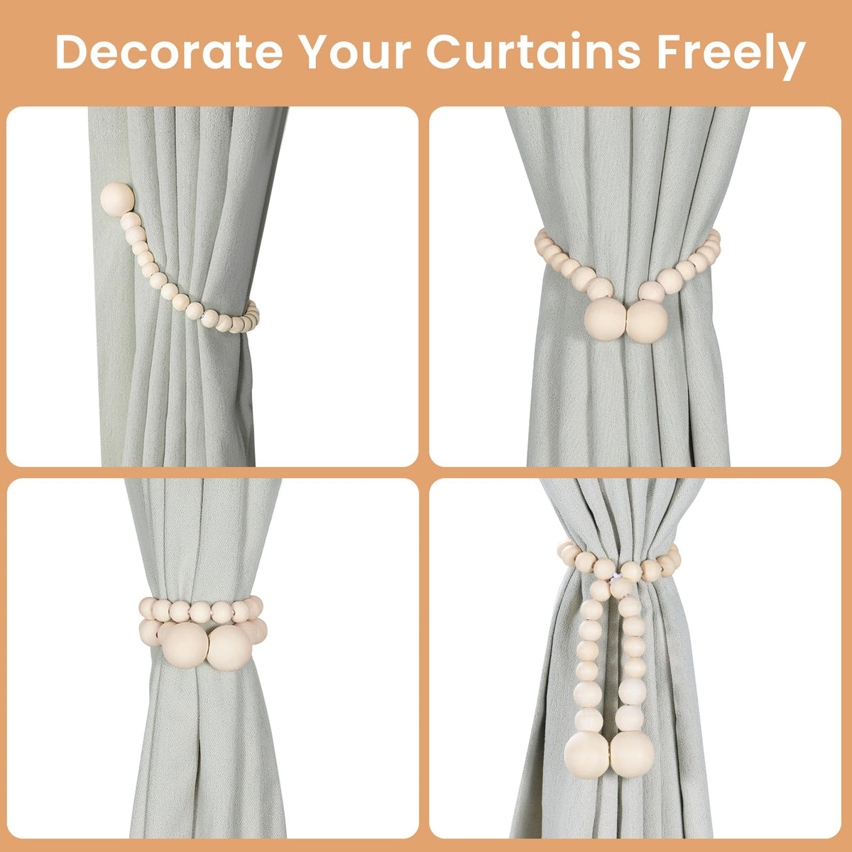 KLOGTSIND Magnetic Curtain Tiebacks, Curtain Tie Backs for Curtains 6 Pack, Wood Bead Curtain Tiebacks, Curtain Holders for Boho Bedroom Decor, Baby Nursery Decor, Farmhouse Decor
