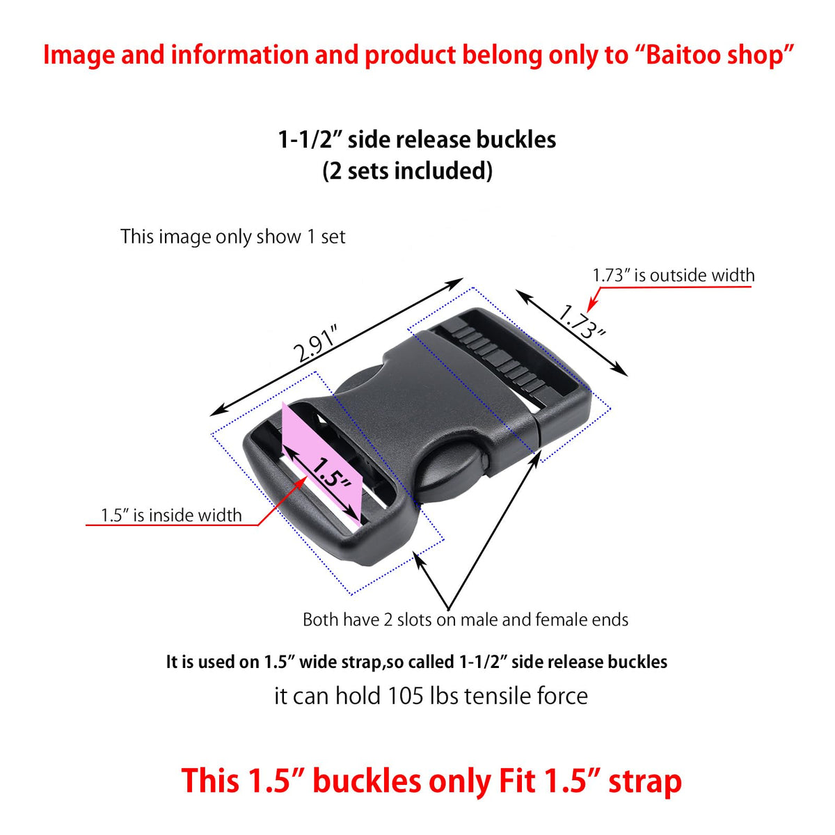 Baitoo Quick Side Release Buckles 1 1/2 inch Heavy Duty Plastic Buckle Clips 1.5" Belt Snap Buckle Clasp Backpack Buckle Replacement for Strap 1.5 inch (1.5inch(38mm)-2 Sets)