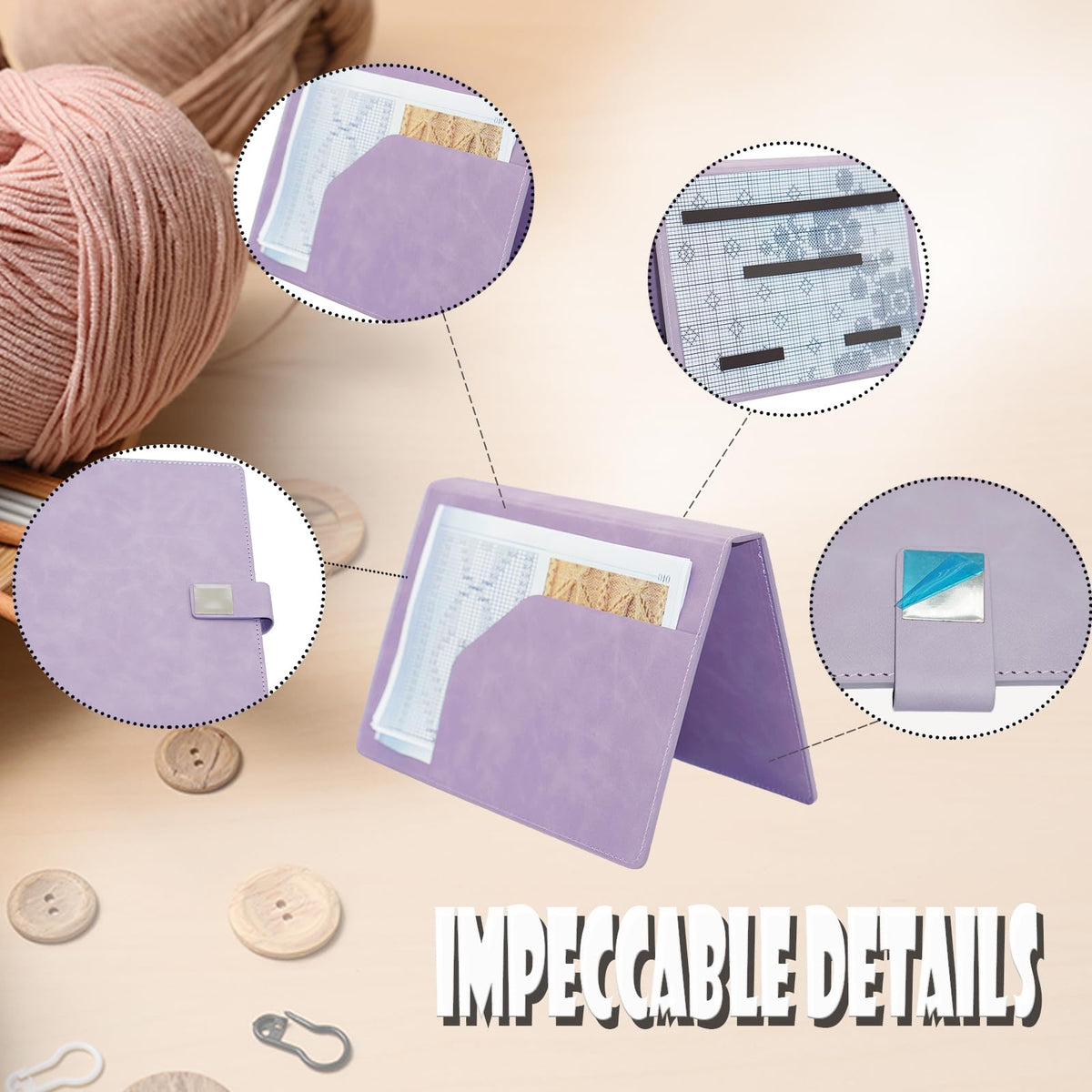 Cowenhey Knitting Pattern Holder with Pocket, Knitting Chart Holder with 4 Replacement Magnets, Holder Foldable Knitting Chart Keeper for Fixed Crochet Pattern on Knitting Pattern (Purple)