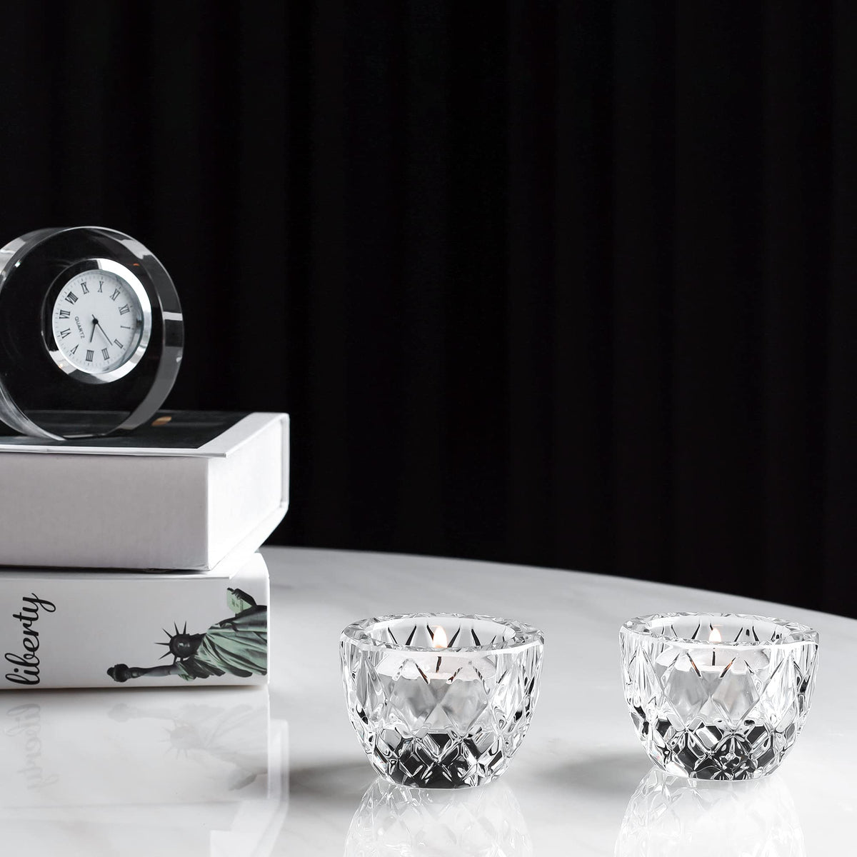 Donoucls Crystal Tealight Candle Holder Pack of 2 Party Dinner Hand-Cut 2.4'' X 1.7'' Clear