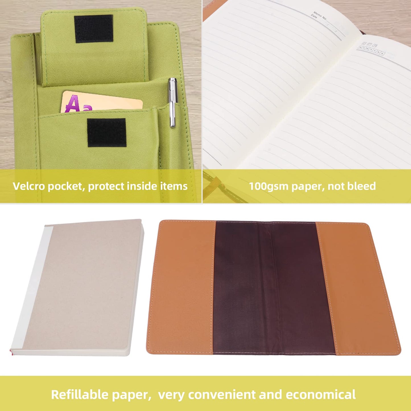 ADOUNOTES Refillable Lined PU Leather Journal Notebook, A5 Size Journal for Women Men,100gsm 200 Pages Thick Paper Notebooks with Pockets, Daily Premium Notebook for Note Taking, Meeting (green)