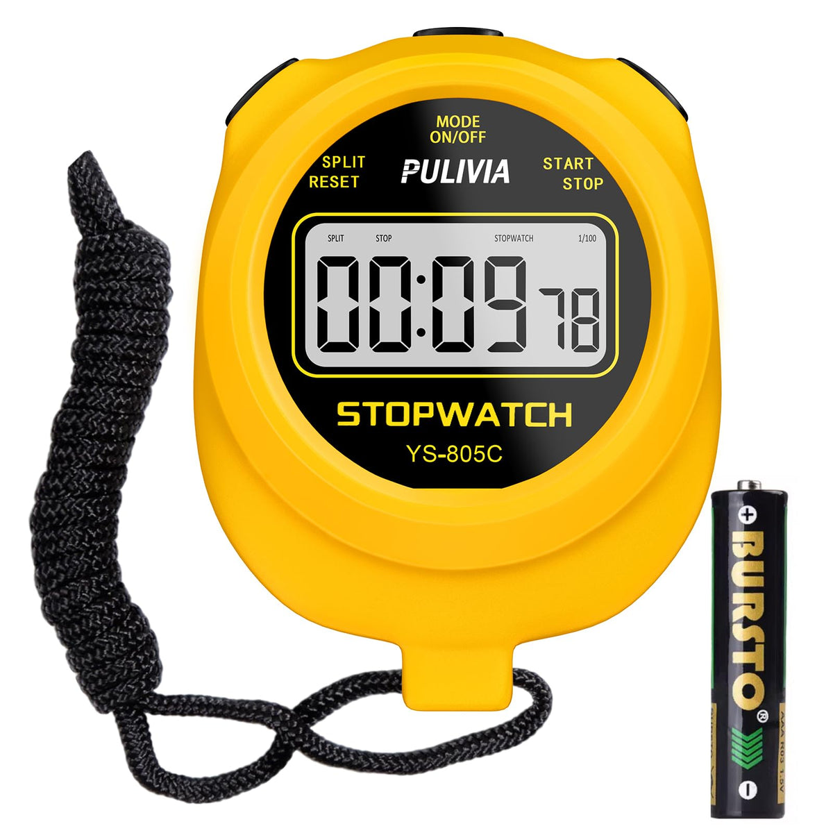 PULIVIA Stopwatch Timer with Countdown, Simple Operation Digital Stop Watch for Sports, Countdown-Alarm Button-Sound, AAA Battery Included (Yellow)
