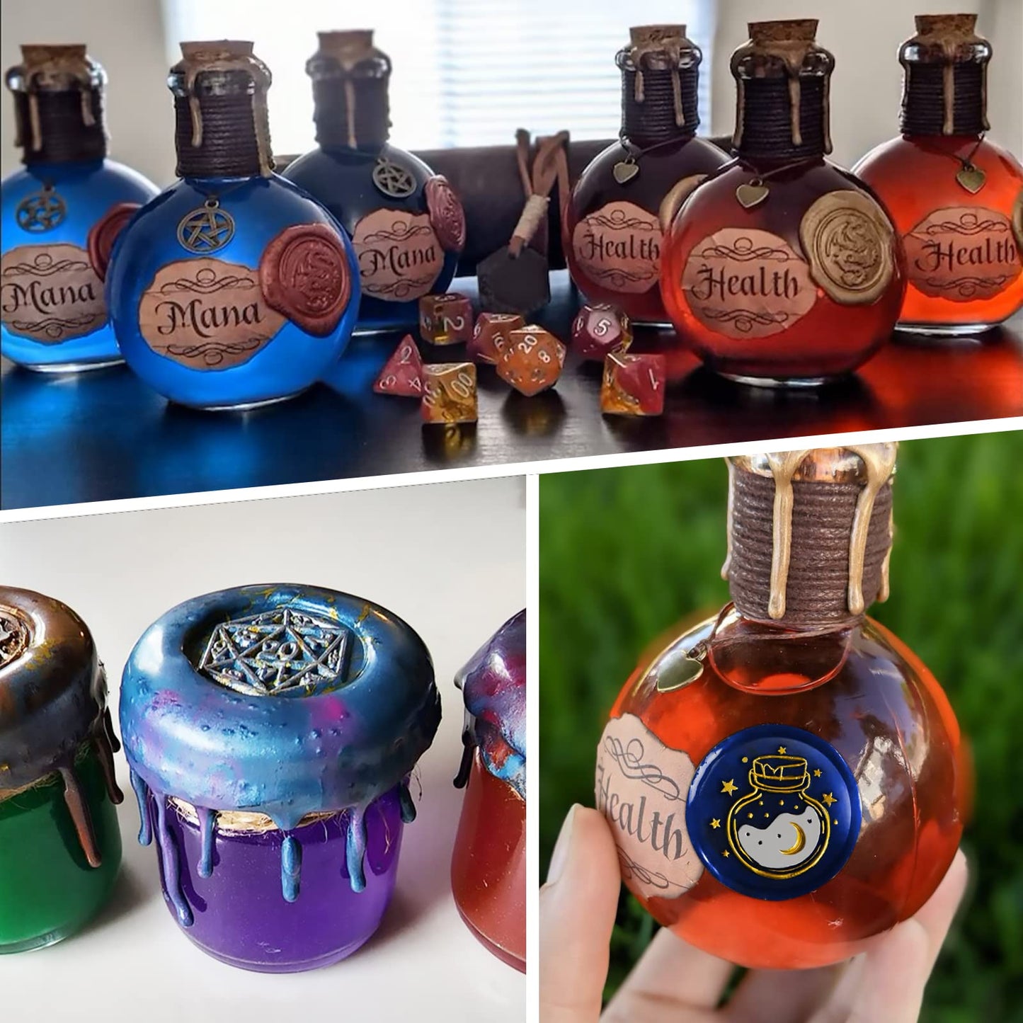 DND Wax Seal Stamp, Ideal Gift for Dungeons and Dragons/D&D Envelope Scroll. Fantasy Wax Seal Kit with Dragon/D20 Dice/Magic Potion/Caduceus, Great RPG Accessories Nerdy Gift for DND Lover DM & Player