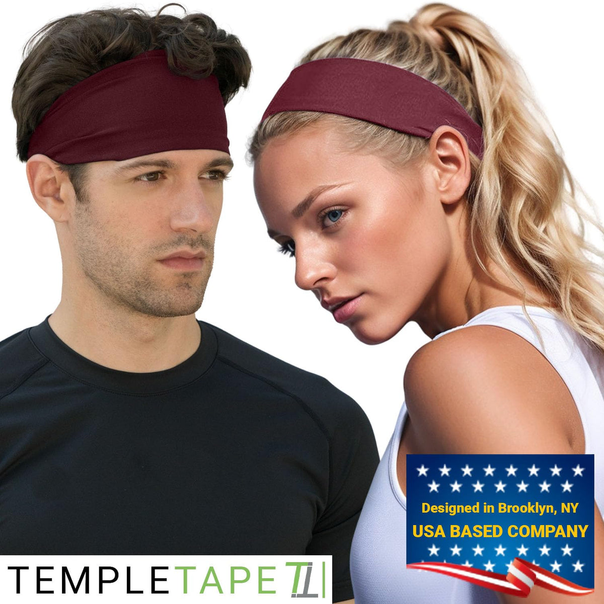 Temple Tape, Headbands for Men and Women - Mens Sweatband & Sports Headband Moisture Wicking Workout Sweatbands for Running, Cross Training, Yoga and Bike Helmet Friendly - Burgundy