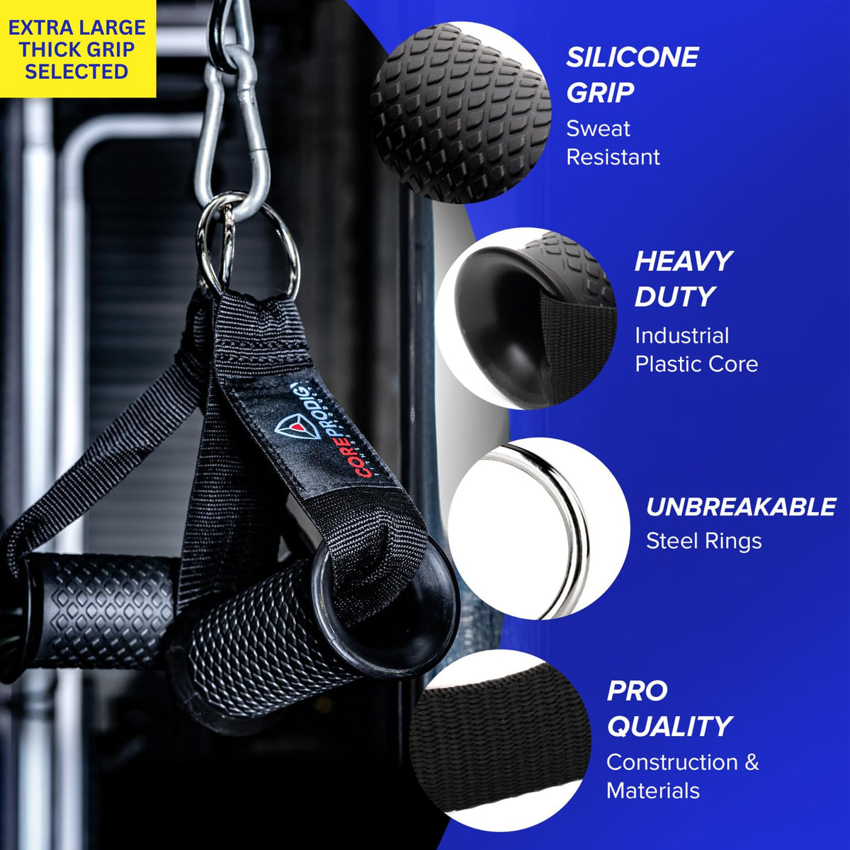 Core Prodigy Heavy Duty Exercise Handles Extra Large Size - Grip Attachments for Cable Machine Pulleys, Gym Equipment, Resistance Bands, and Weight Lifting (Fat/Thick)