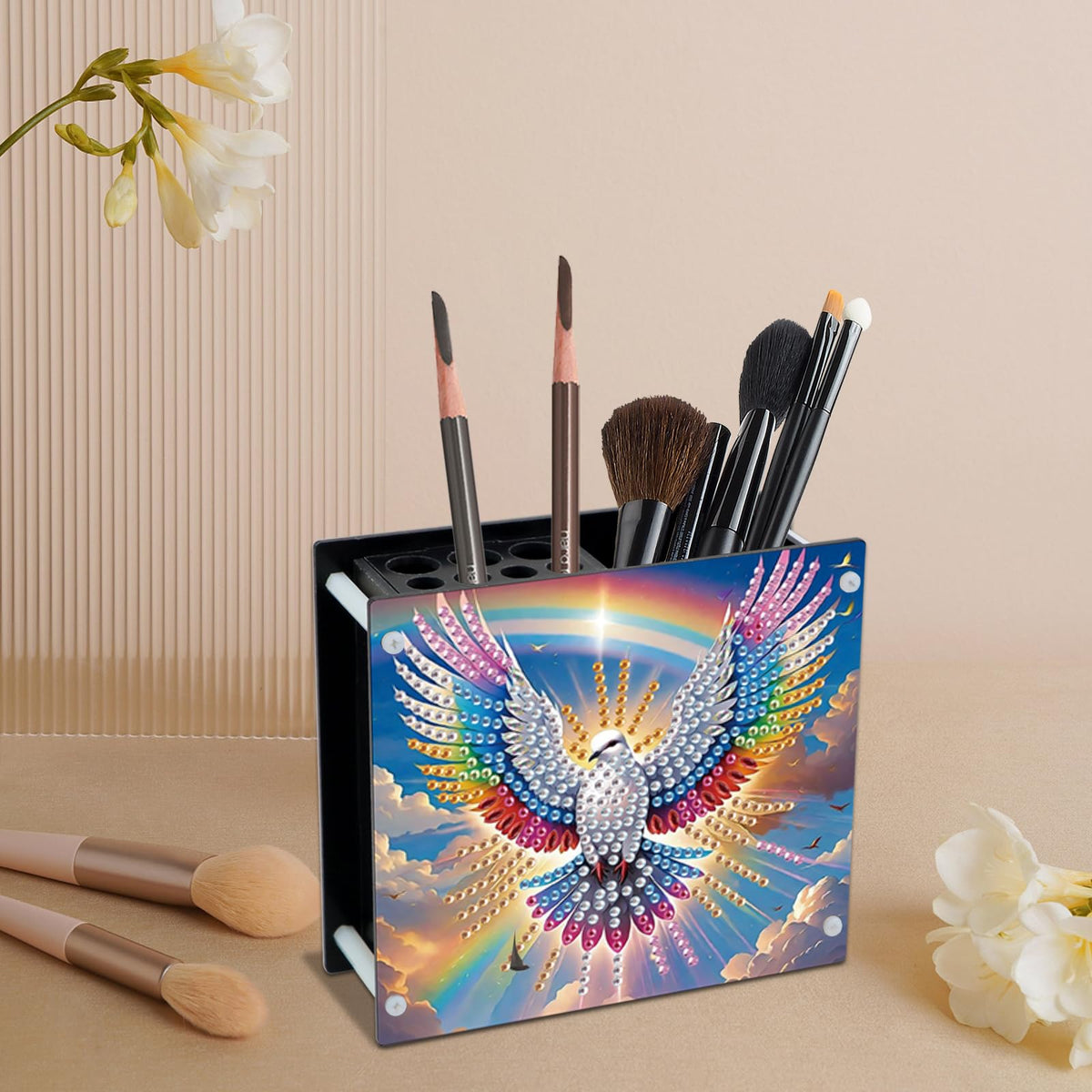 DIY 5D Diamond Painting Pen Holder – Peaceful Rainbow Dove Pencil Cup for Inspirational Decor, Acrylic Diamond Art Pen Holder Organizer, 5D DIY Desk Organizer with Beads, for Craft Desk or Gift