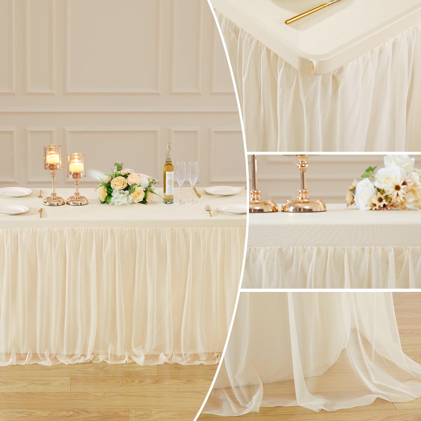 6ft Champagne Tulle Tablecloths for Rectangle Tables Stretch Rectangular Table Cloths Wrinkle Free 6 Foot Spandex Table Cover with Tutu Skirt for Wedding Birthday Party Banquet Buffet Cake Desk Skirt