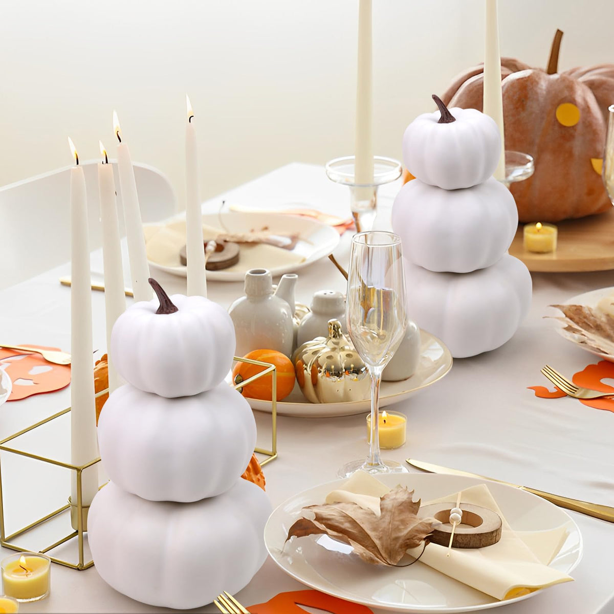 Gresorth 8 Inch Small Stacked White Pumpkins Tower Fake Artificial Halloween Decoration DIY Crafts Paintable Pumpkin for Home Party Table Kitchen Wedding Decorating - 1 Pcs