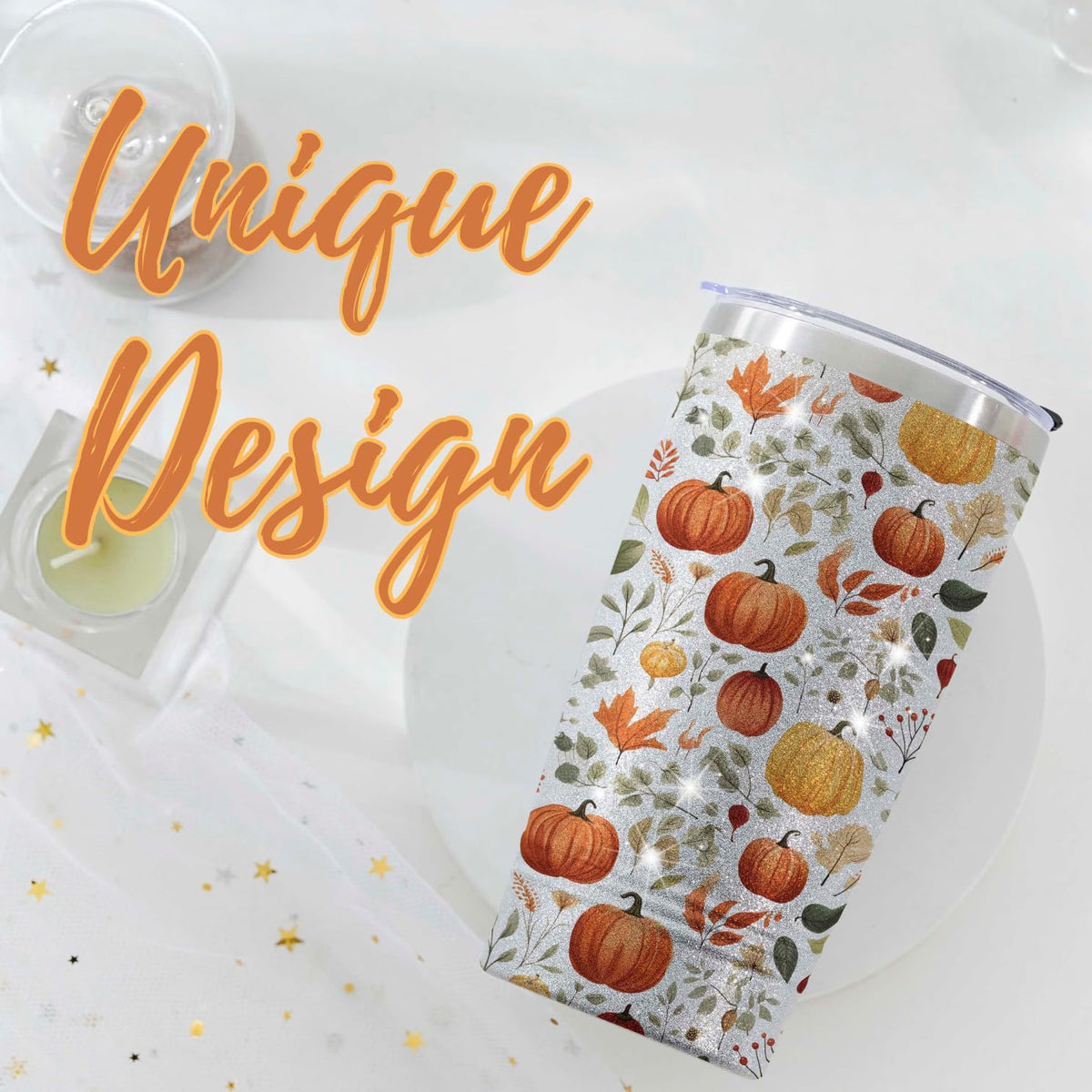 Onebttl Pumpkin Gifts for Women, Men, Cool 20oz Stainless Steel Skinny Tumbler with Lid & Straw, Unique Gift for Pumpkin Lovers - All-over Print