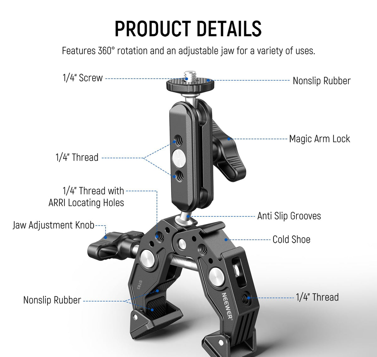 NEEWER Super Clamp with 3" Dual Ballhead Magic Arm, Cold Shoe, 1/4" Threads, Phone/Action Camera Mount Adapter for Desk Tripod Tube Crossbar Gimbal Rods Compatible with SmallRig GoPro DJI, ST83