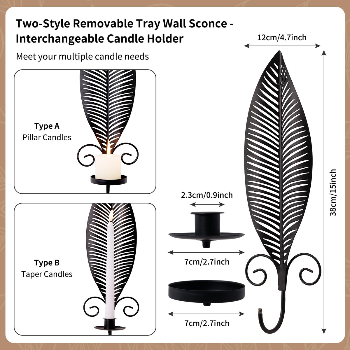Leaf Shape Candle Holder Wall Set of 2,Wall Sconce with 2 Removable Trays,Gothic Antique Candelabra,Mounted Stylish Candlestick Holder Home Decor Candle Stand for for Living Rooms Hallways(Black)