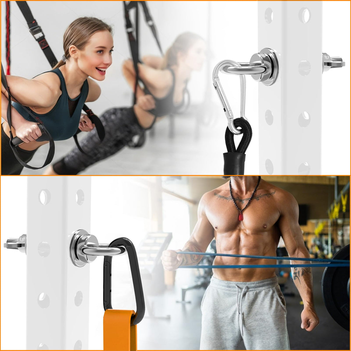 J Bryant Heavy Duty Rack Anchor – Stainless Steel Resistance Band Pegs with Large Carabiner for 5/8" & 1" Power Rack – Multi-Purpose Attachment for Strength Training & Gym Equipment Storage