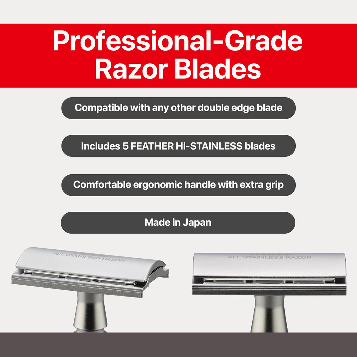 Feather - Wood Handle Stainless Double Edge Razor with Wood Inlay Stainless Steel Stand - With Resin-Impregnated Handle & Stand - Includes 5 Hi-Stainless Blades - Made in Japan