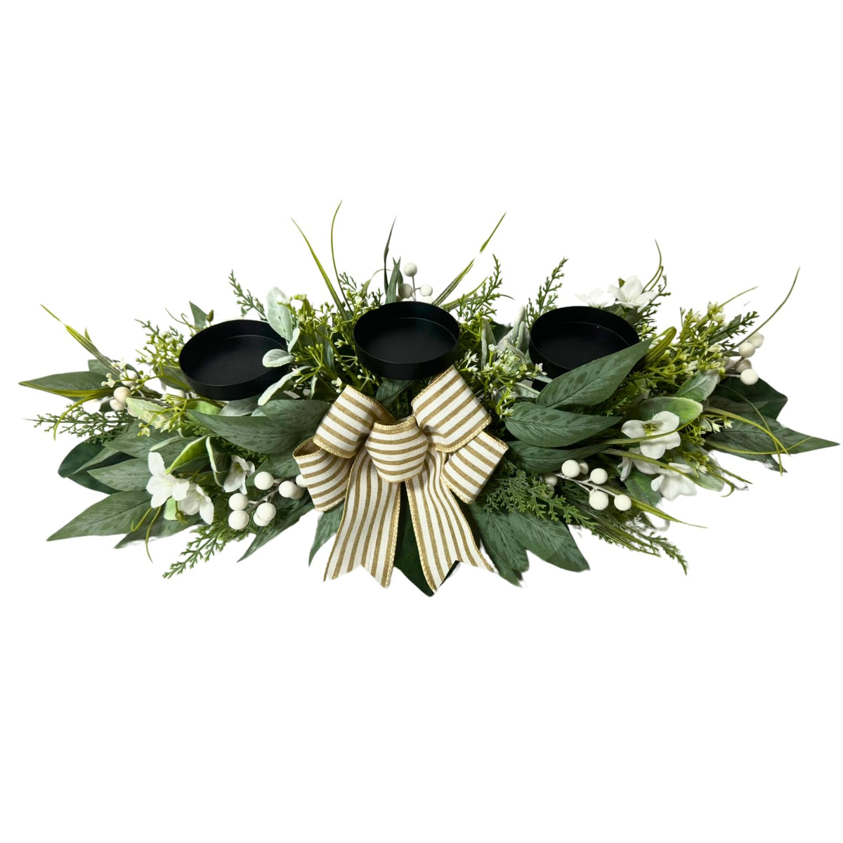 Candle Holder Centerpiece for Table,3 Wick Candle Holder with Artificial Gypsophila Flower,Artificial Eucalyptus Leaves Magnolia Holly Berries and Striped Bow for Table Centerpiece Decor,Dining Room