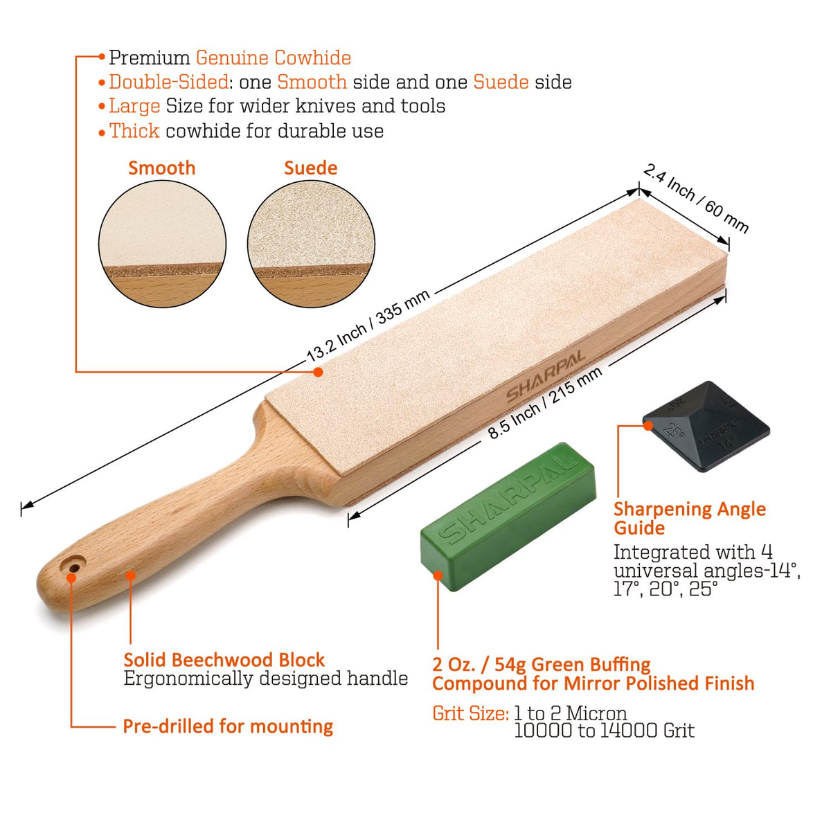 SHARPAL 205H Double-Sided Leather Strop 13.2" x 2.4" Kit, Genuine Cowhide Stropping Block with 2 oz Polishing Compound & Angle Guide, Knife Strop for Honing Knives, Tools, Fathers Day Gift