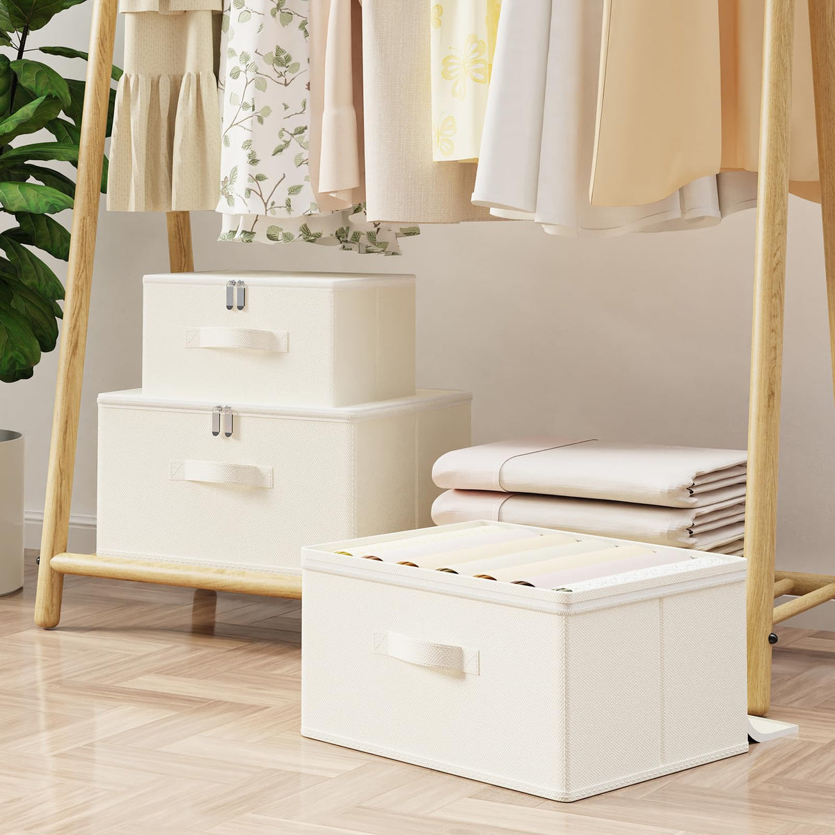 GUOHNHE Storage Bins with Zipper, Cube Organizer Basket with Lid, Collapsible Stackable Closet Boxes, for Home and Bedroom, 1 Pack, Beige, 11.8 x 7.9 x 6.3 In, XSNY16BES-1