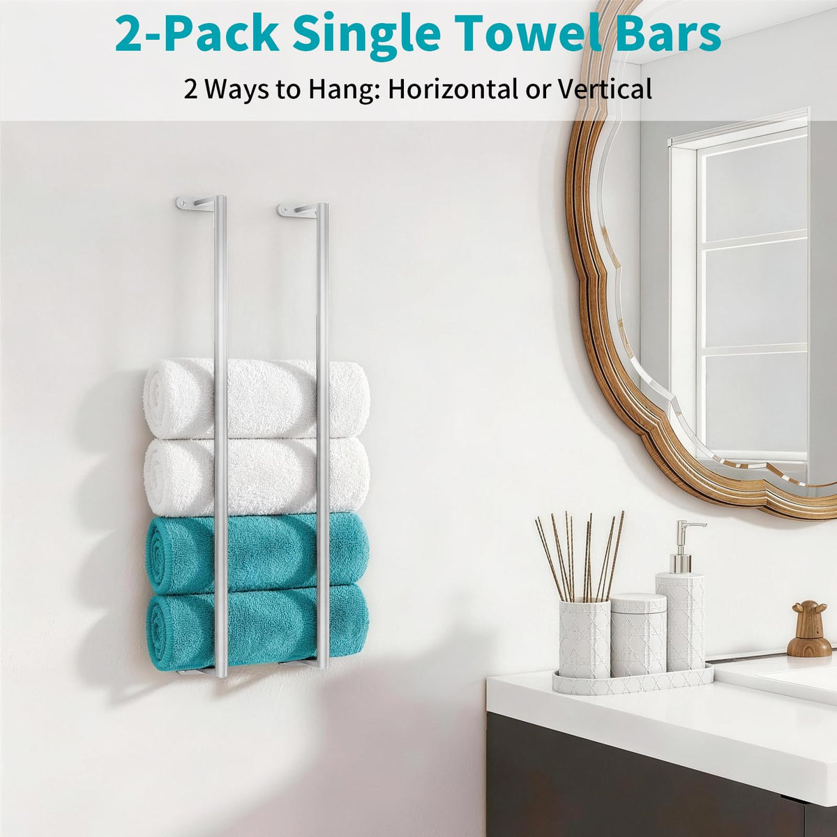 2-Pack Brushed Nickel Bathroom Towel Bar, 24-Inch Towel Racks for Bathroom Wall Mounted, Heavy Duty Towel Rod Holder Mordern Home Decor