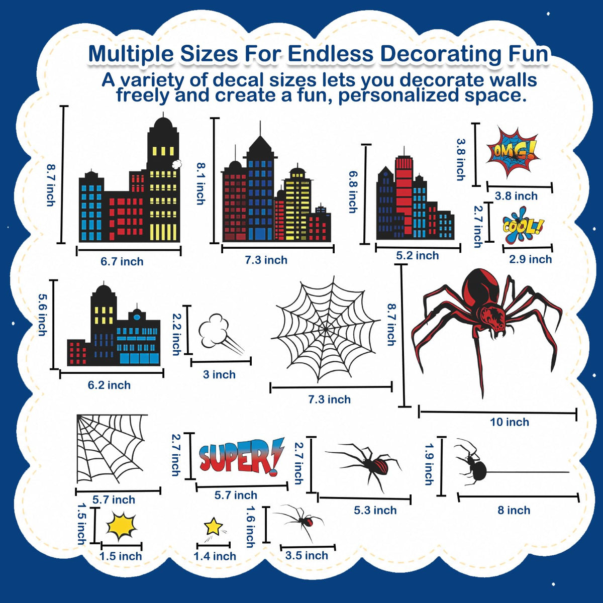 Superhero Wall Decor, Hero City Building Stars Stickers for Kids Boys, 70 Piece UV PVC DIY Removable Reusable Cartoon Stickers for Toddler Nursery, Bedroom, Playroom