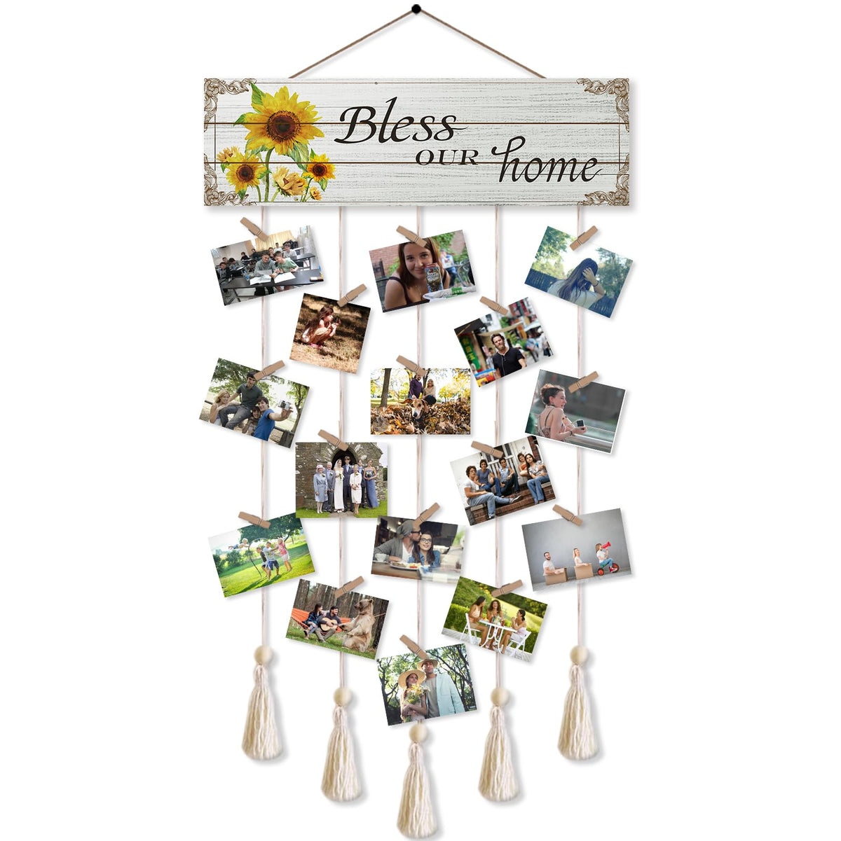 Gwisml Home Collage Picture Frames,Clip Photo Holders for Wall,Wooden Hanging Photo Display with 16 Clips 5 Strings,Bless Our Home Sign Wall Decor