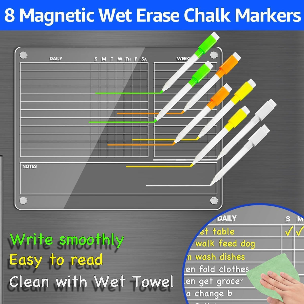 PigPotParty Acrylic Magnetic Chore Chart for Adults, 12x9.5 Inch Clear Dry Erase Chore Board for Fridge, Daily Weekly and Notes Sections, Pre-Installed Embedded Magnets, 8 Fine-tip Markers and Towel