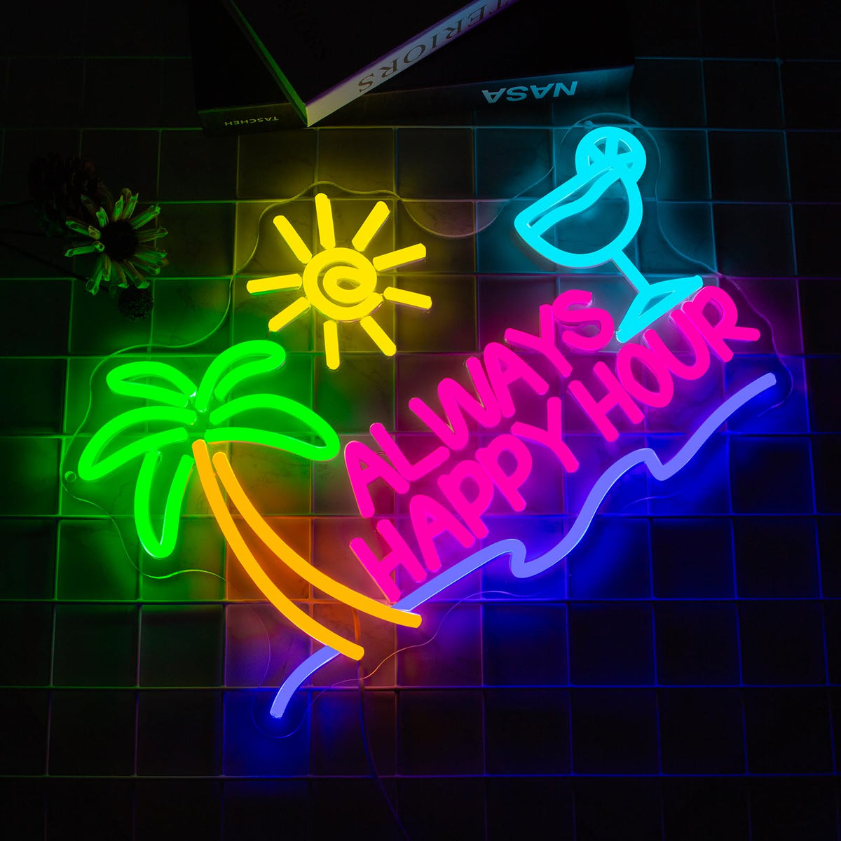 NINSNINT Always Happy Hour Neon Sign, Dimmables Beach Neon Signs for Wall Decor, Palm Tree Led Light Up Signs for Bedroom Bar Club Pub Man Cave Restaurant Party Decorations