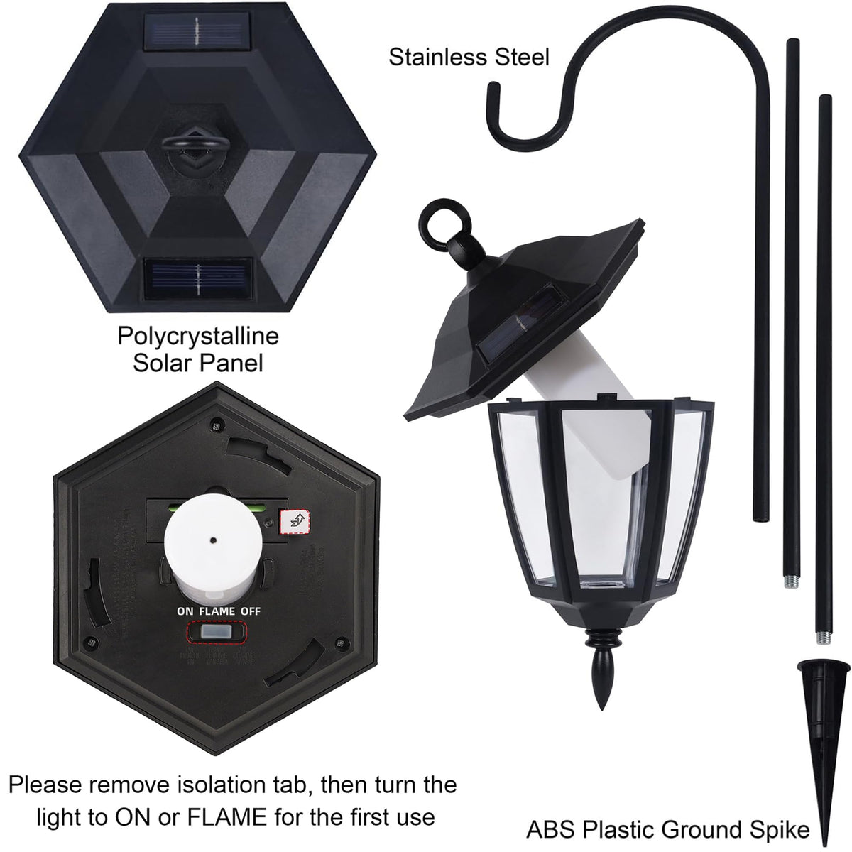 Dynaming 6 Pack Solar Flame Hanging Lights Outdoor, Halloween Solar Flickering Flame LED Garden Lanterns with 6 x 38 Inch Shepherd Hooks, Christmas Lighting for Lawn Patio Yard Pathway Driveway