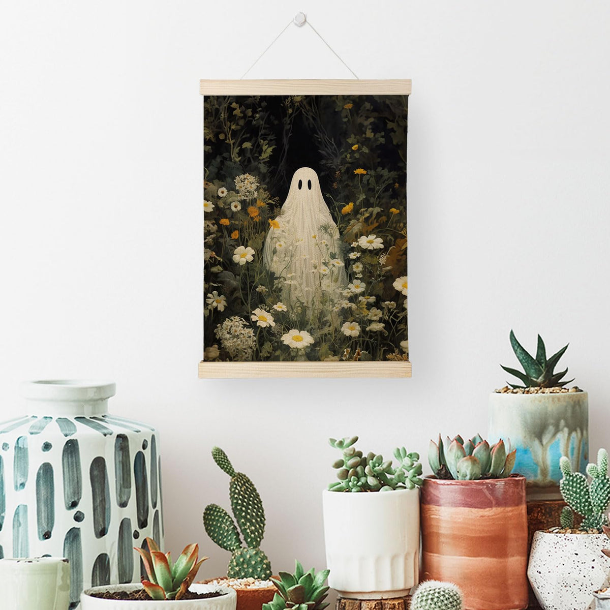 Nrleey Halloween Bathroom Poster Hanger Frame, Ghosts Floral Wall Art with Wooden Poster Hanger, Horror Spooky Wall Hanging Decor, 12x16 Inches