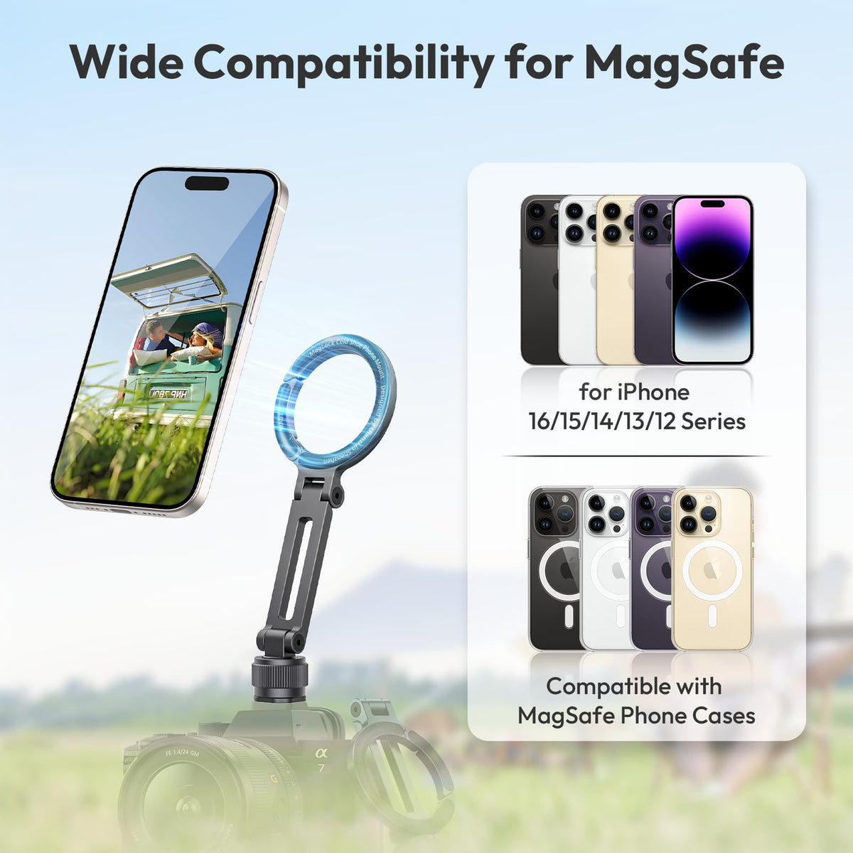 ULANZI MA07 Magnetic Phone Tripod Mount for Magsafe, Aluminum Camera Phone Mount with 1/4" Screw, Cold Shoe Magnetic Tripod for Camera, Copatibale with iPhone 17/16/15/14/13/12 Series