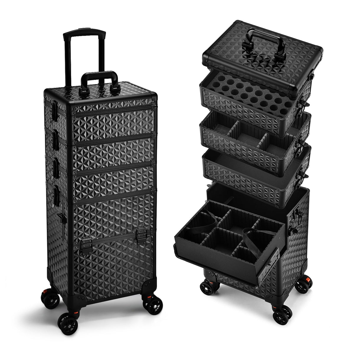 Yueieoun 5 in 1 Makeup Train Case, Cosmetology Case on Wheels Travel Make up Case Rolling Nail Cart Makeup Organizer Cosmetic Storage Box Cases Extra Large Trolley Truck with 360° Swivel Wheels, Black