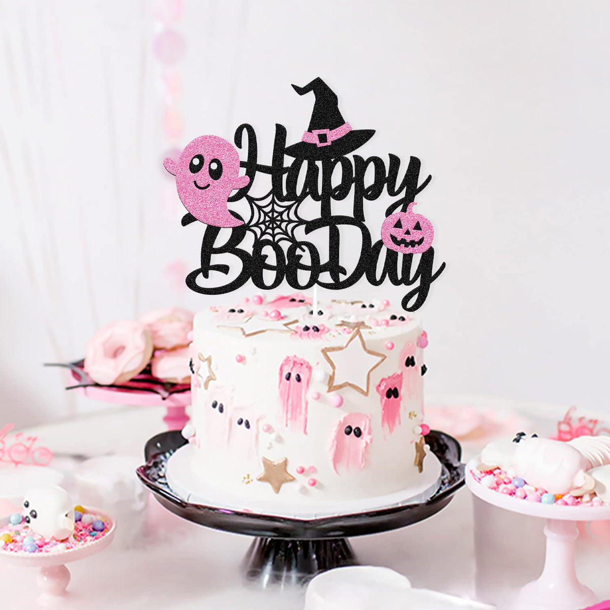 Happy Boo Day Cake Topper Pink and Black Halloween Cake Decoration Halloween Ghost Witches Bat Spider Pumpkin Theme for Kids Girl Birthday Baby Shower Party Supplies