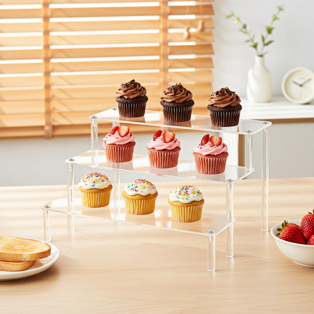 3 PACKS Acrylic Riser Clear Display Stand Perfume Stand Organizer Clear Shelf 3 Tier Cupcake Display Stands Clears Acrylic Shelf Risers for Collectibles, Dessert Shelves for Decoration and Organizer