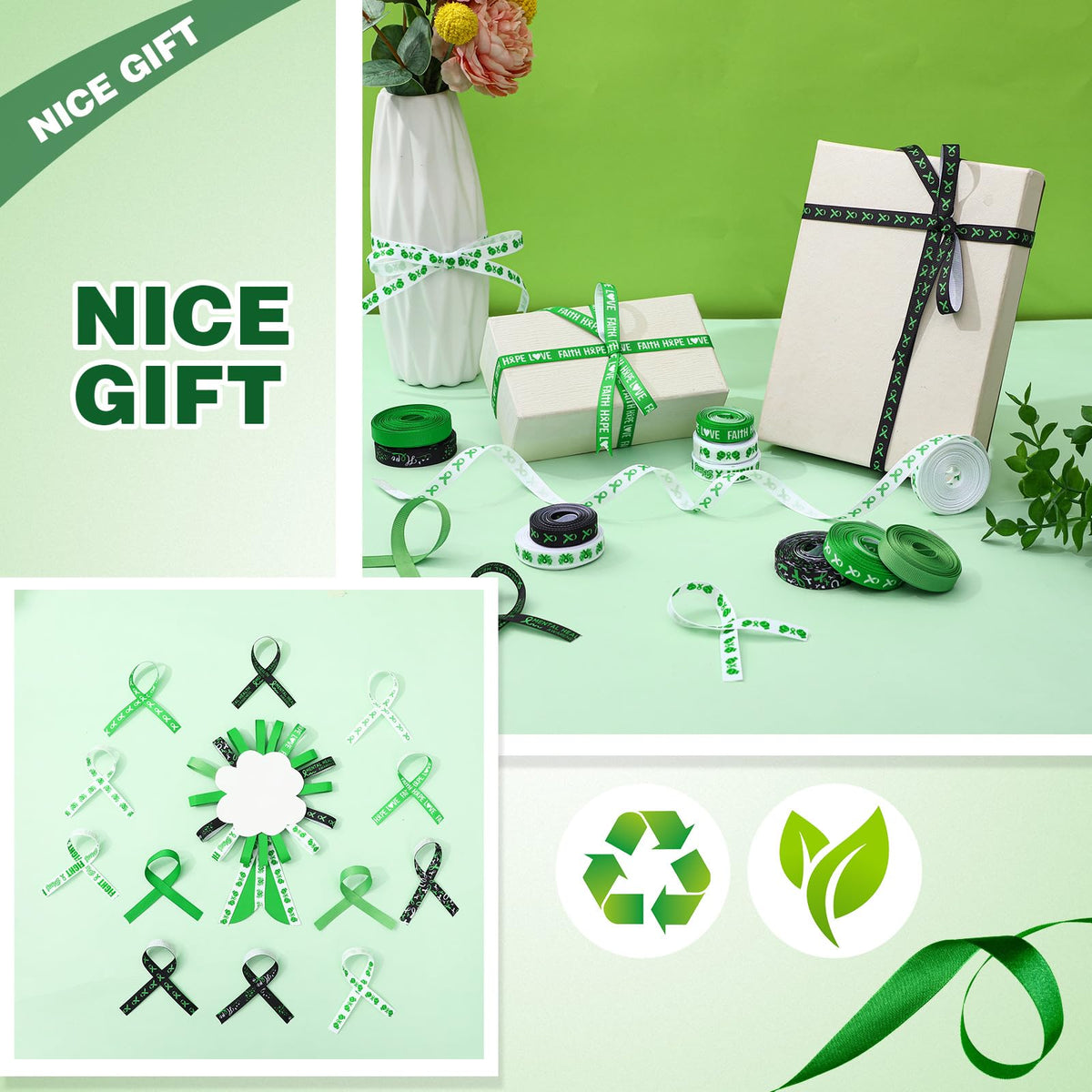 Hahafelt 12 Rolls 60 Yards Mental Health Awareness Ribbon Green Bow Making Ribbon DIY Craft Decorative Ribbons for Gift Wrapping Activities Home Decor 3/8 Inches