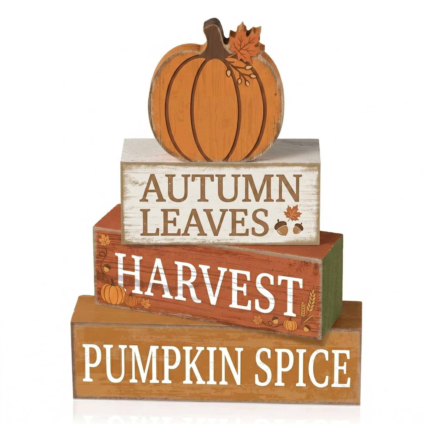 4 Pcs Fall Table Decor, Farmhouse Stacked Wooden Block Signs with Pumpkin Accents, Rustic Thanksgiving Tiered Tray Decorations, Autumn Harvest Tabletop Centerpiece for Home Kitchen Party