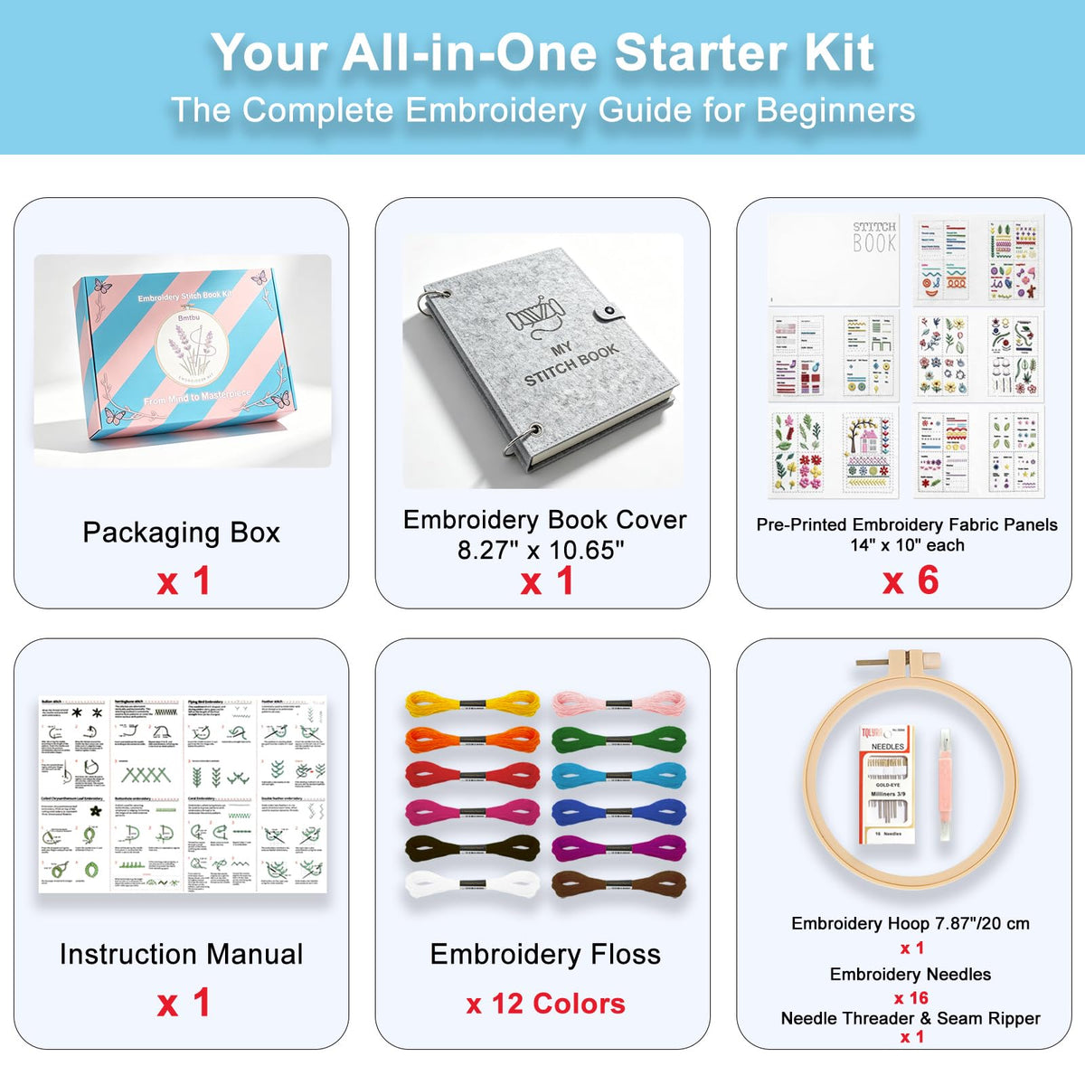 2026 Upgraded Embroidery Stitch Book Kit with 8.27"x10.65" Portable Loose-Leaf Cover, 103 Stitches & 60 Patterns, All-in-One Hand Embroidery Kit for Beginners with Tools & Step-by-Step Video Tutorials