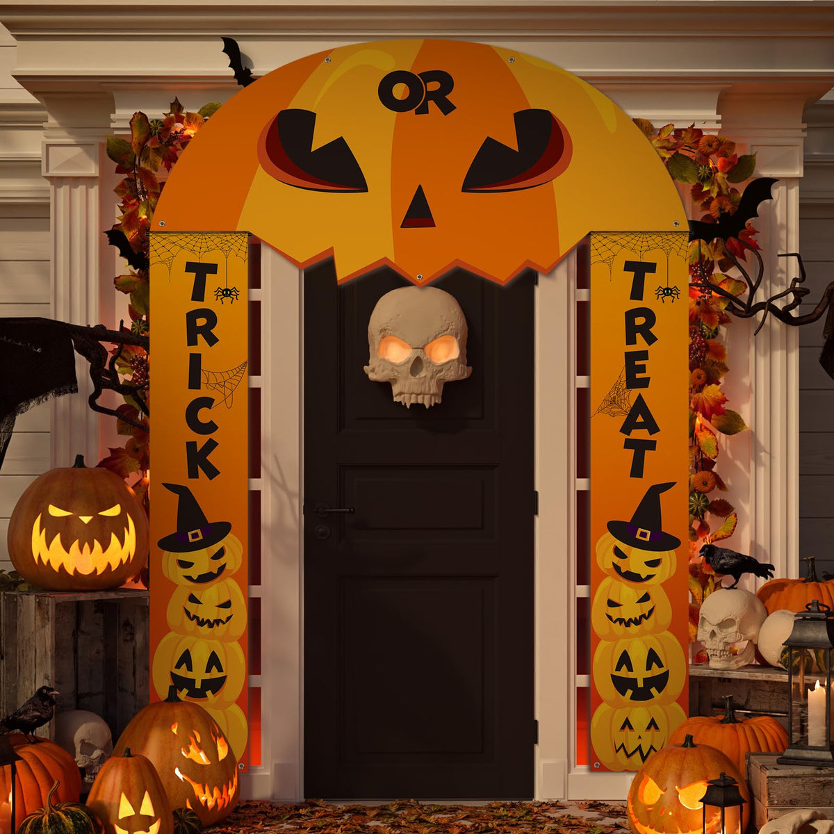 HunnmingRe 3 Pcs Halloween Cemetery Archway Halloween Cemetery Banners Gothic Outdoor Banners Sign Banner Decorations for Outdoor Party Supplies (Pumpkin)