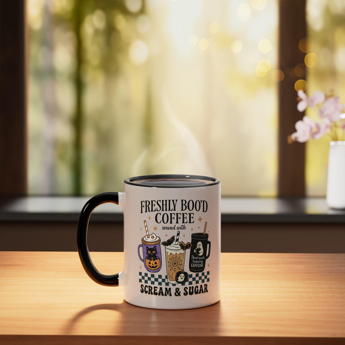Drinking Coffee Late Lover Cozy Halloween Graphic Barista Ceramic Mug, Black/White