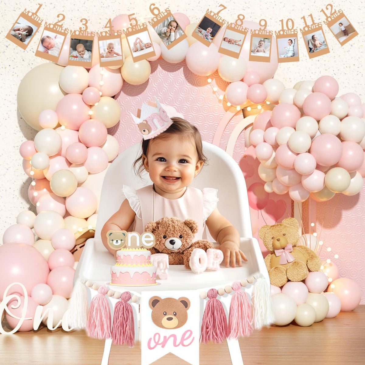 Hombae Beary First Birthday Decorations for Girl, Teddy Bear 1st Birthday Party Supplies, Pink Ivory Balloon Garland, Girl Baby Photo Banner, Bear Birthday Themed Decor Party Pack