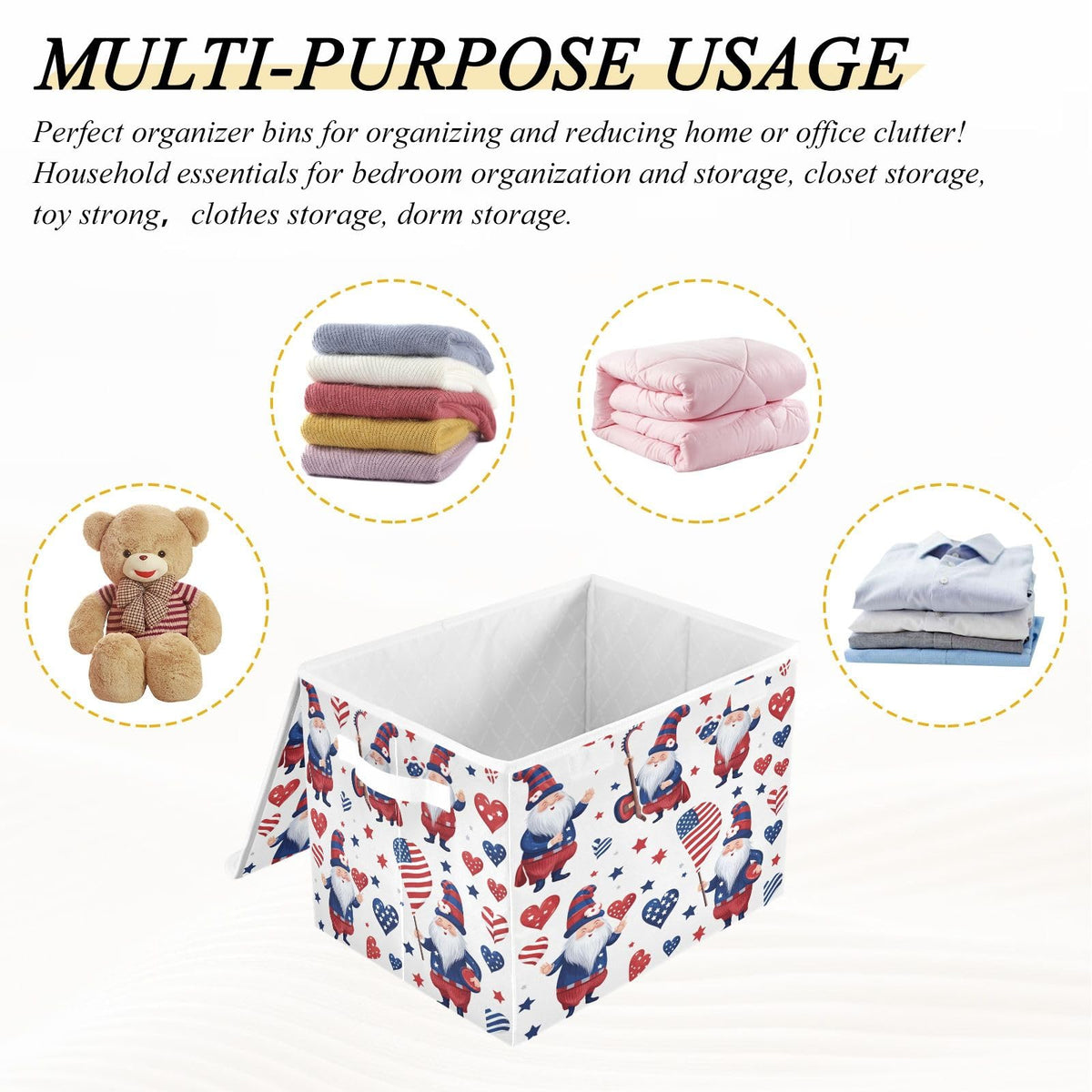 Storage Bins with Lids and Handles,American Day Flag Stars Gnomes Storage Box Storage Basket with Cover Collapsible Organizer Containers for Home Closet, Shelves