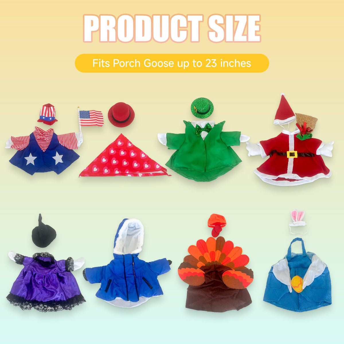 Lafans 8 Set Holiday Porch Goose Outfits Kit for Year-Round Decor: Christmas, Halloween, Thanksgiving, 4th of July, Valentine‘s, Easter, St. Patrick’s Day & Winter Ski Suit(23inch)