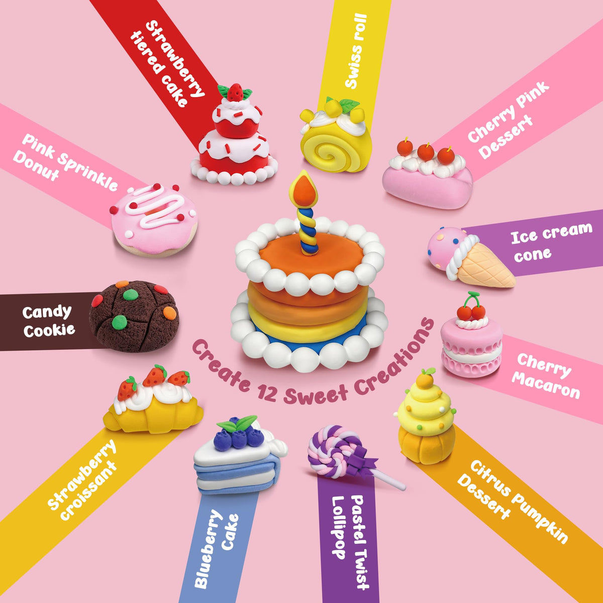 Air Dry Clay Kit for Kids 3-12 - 12 Boxes (48 Total Blocks) Non-Toxic Magic Molding Clay | Dessert-Themed DIY Set - No Baking, Mess-Free - Ideal for Family Time/Birthday Parties & Fine Motor Skills