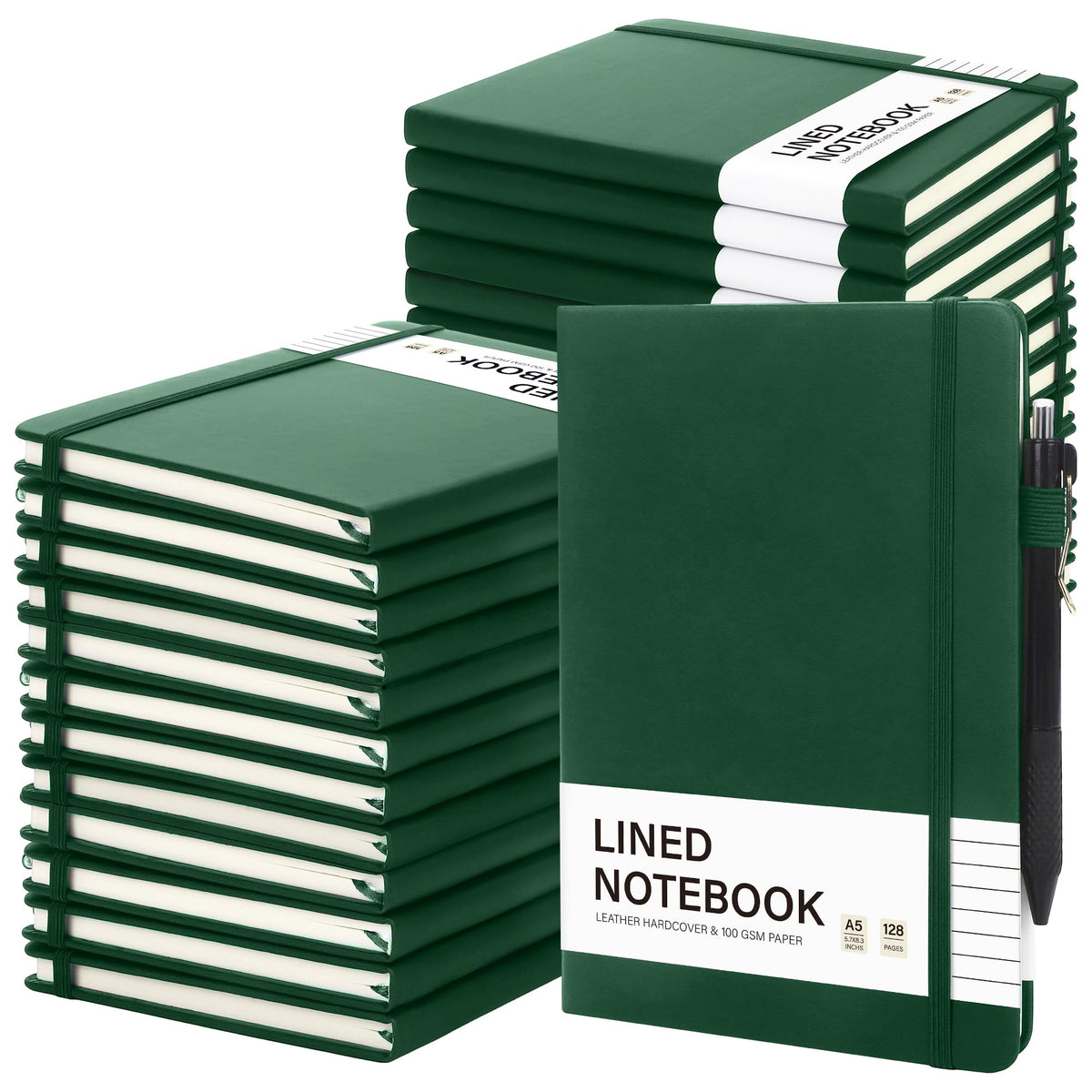 Aodaer 30 Set Lined Notebook Journals with Pens A5 Notebooks 100 GSM College Ruled Hardcover Notebook PU Leather Notepad with Pen Holder for Office School, 5.7 x 8.3 Inches, Dark Green