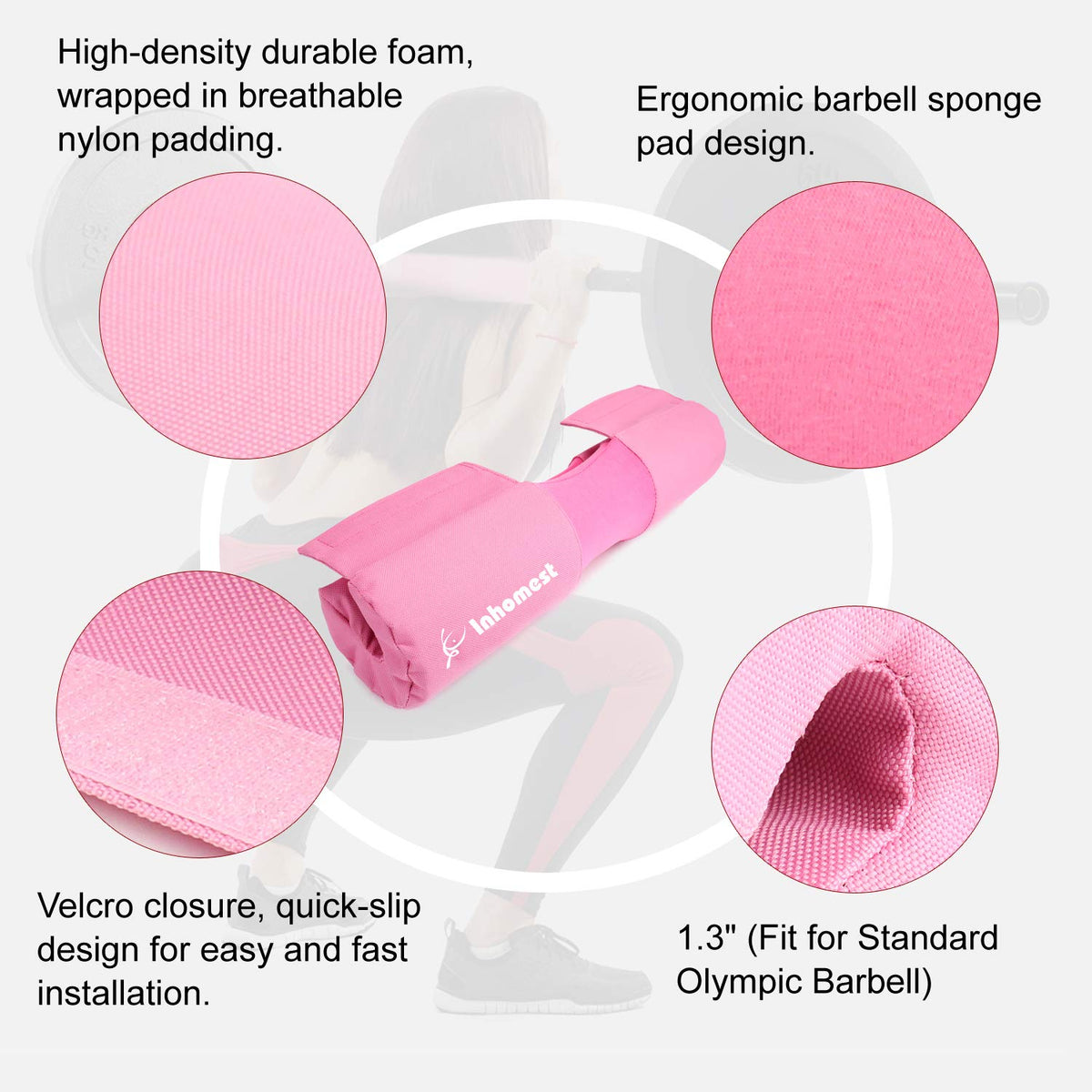 Inhomest Barbell Pad Squat Pad for Squats Hip Thrusts Lunges Glute - Neck & Shoulder Protective Pad with Nylon Padding Support, Fit for Smith Machine and Olympic Standard Weightlifting Cushion (Pink)