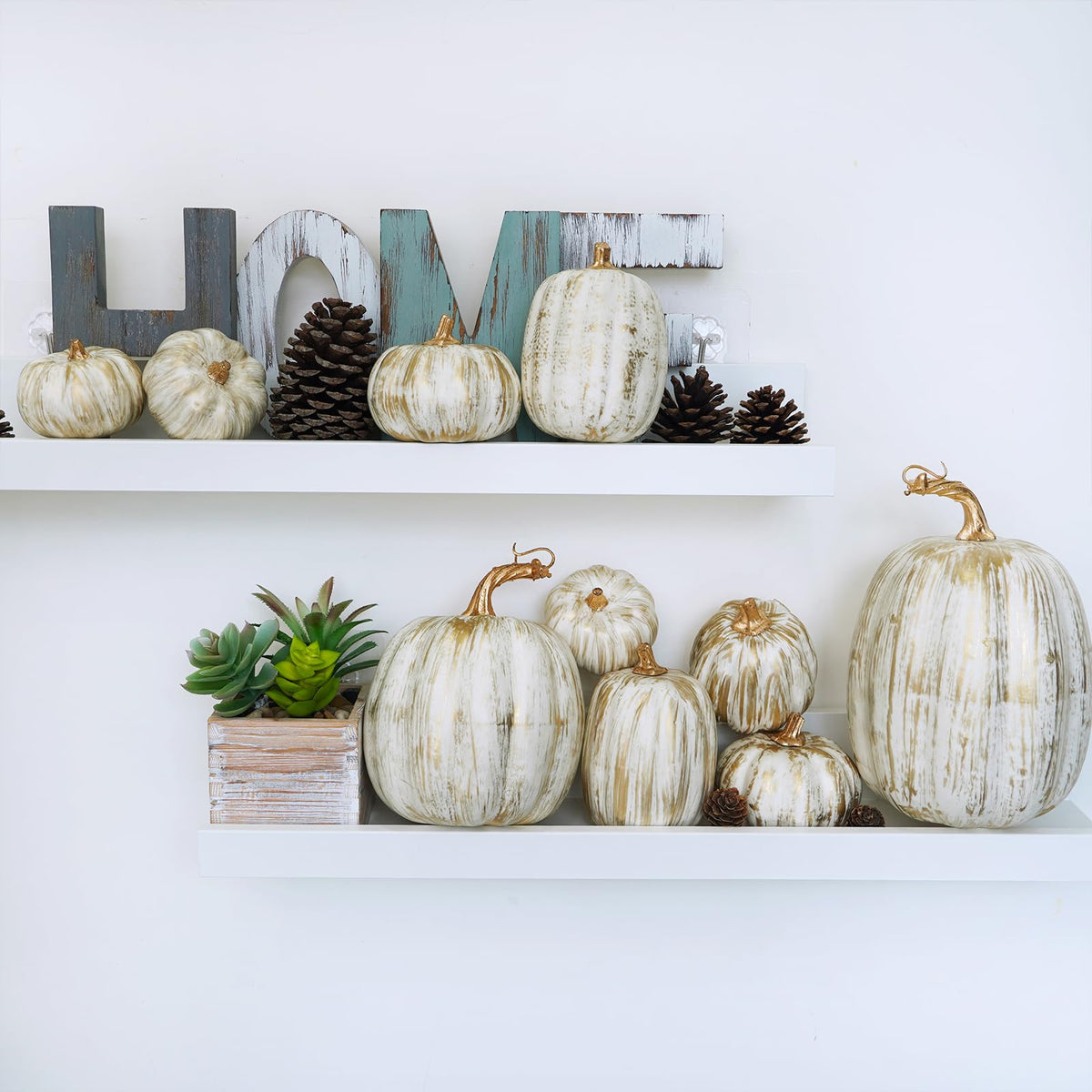 Winlyn 10 Pcs Assorted Fall Artificial Pumpkins - Gold & White Decorative Foam Pumpkins for Wedding, Thanksgiving, Halloween, Baby Shower, Tabletop, Centerpiece, Mantel Decor