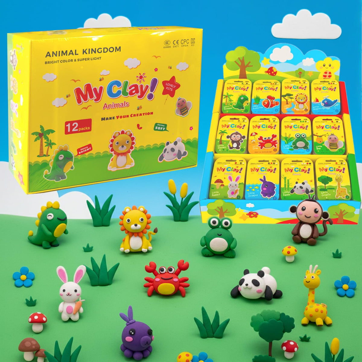 Air Dry Clay Kit, 12 Animals Kingdom Modeling Clay for Kids, DIY Model Magic Clay with Tools&Idea Cards, Soft&Non-Sticky, Safe&Non-Toxic Magic Clays, Creatible Art Crafts Toys Gifts for Boys Girls