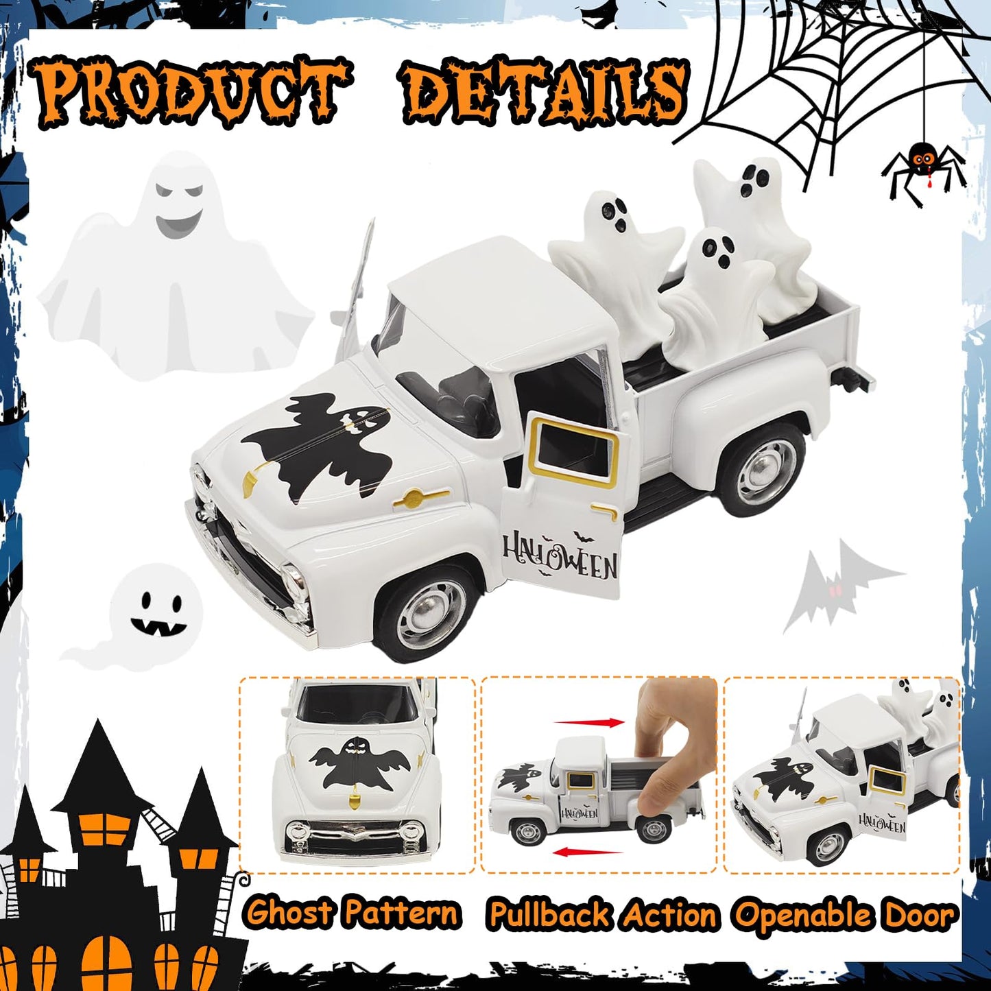 YimiBloss Halloween Decorations - Mini Cute Farmhouse Style Halloween Metal Truck Decor with 3 Removable Mini Ghost Ornaments for Tabletop, Tiered Tray, Shelf, Fireplace and Home Indoor Décor