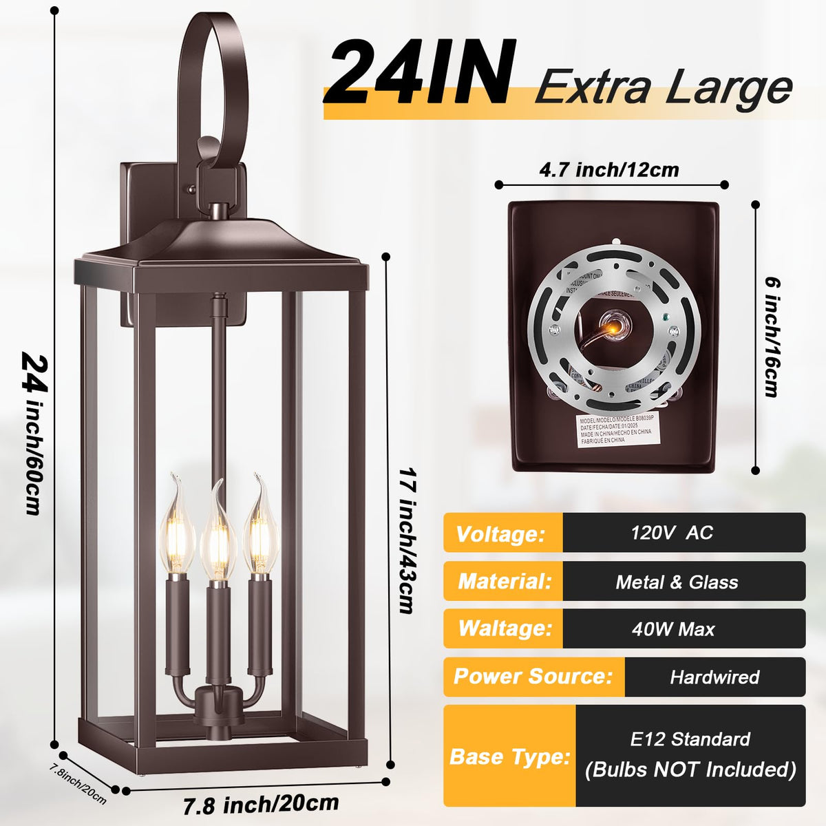 Yolsunes 24in Outdoor Wall Light, 3-Light Waterproof Sconce, Oil Rubbed Bronze, Metal, 1-Pack, Model 49214758-5b2e-450c