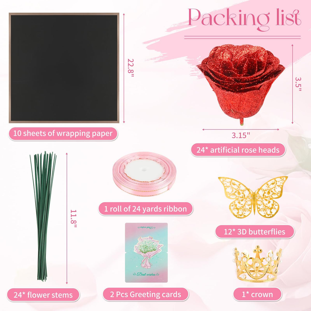 Complete Floral DIY Kit 24 Pcs Glitter Roses Bouquet Making Set with 12 Butterflies, Wrapping Paper, Cards, Ribbon & Crown Eternal Handmade Gift for Birthday, Anniversary, Mother's Day, Wedding (Red)