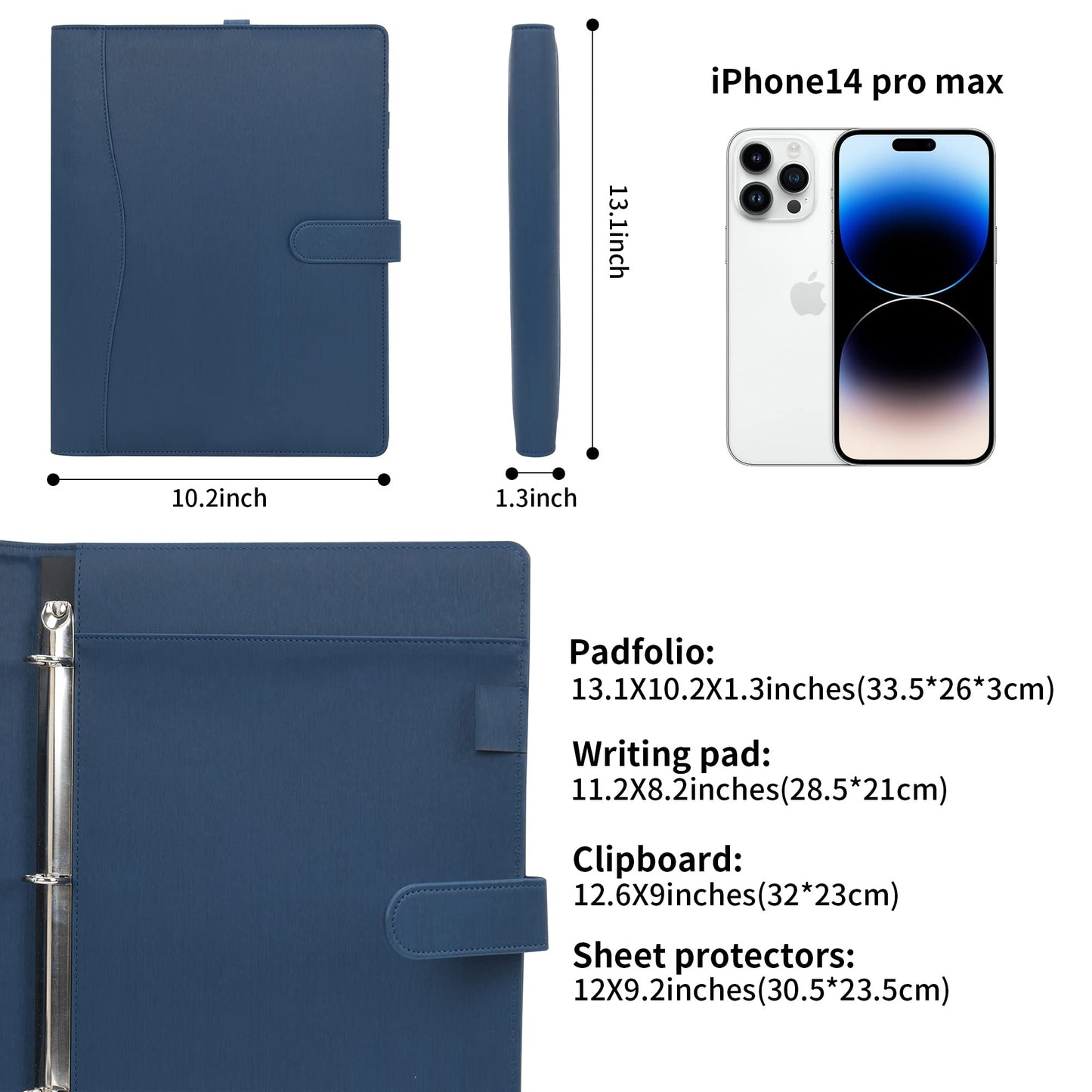 Wonderpool A4 PU Leather Portfolio Holder Ring File Document Case with Removable Binder Clipboard, Multi Pocket and Legal Pad for Business Organizer Interview and Meeting (Cyan)