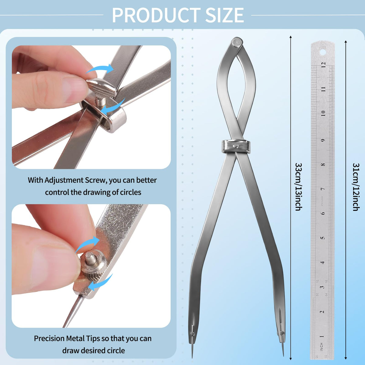 Radius Divider Tool 20" in with Bonus 12" Stainless Steel Ruler, Heavy Duty Wing Divider Scriber Marking Tool for Metalworking & Woodworking - Upgraded Lock Nut Design with Replaceable Sharp Points