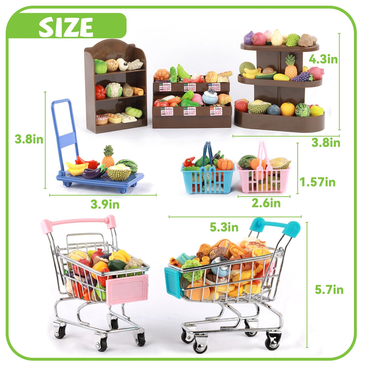 Mini Shopping Cart Basket, Miniature Grocery Toys 3 Supermarket Shelves Play Store 100+ Fruit Vegetable Cake Bread Mini Food Miniature Dollhouse Accessories with Push Cart